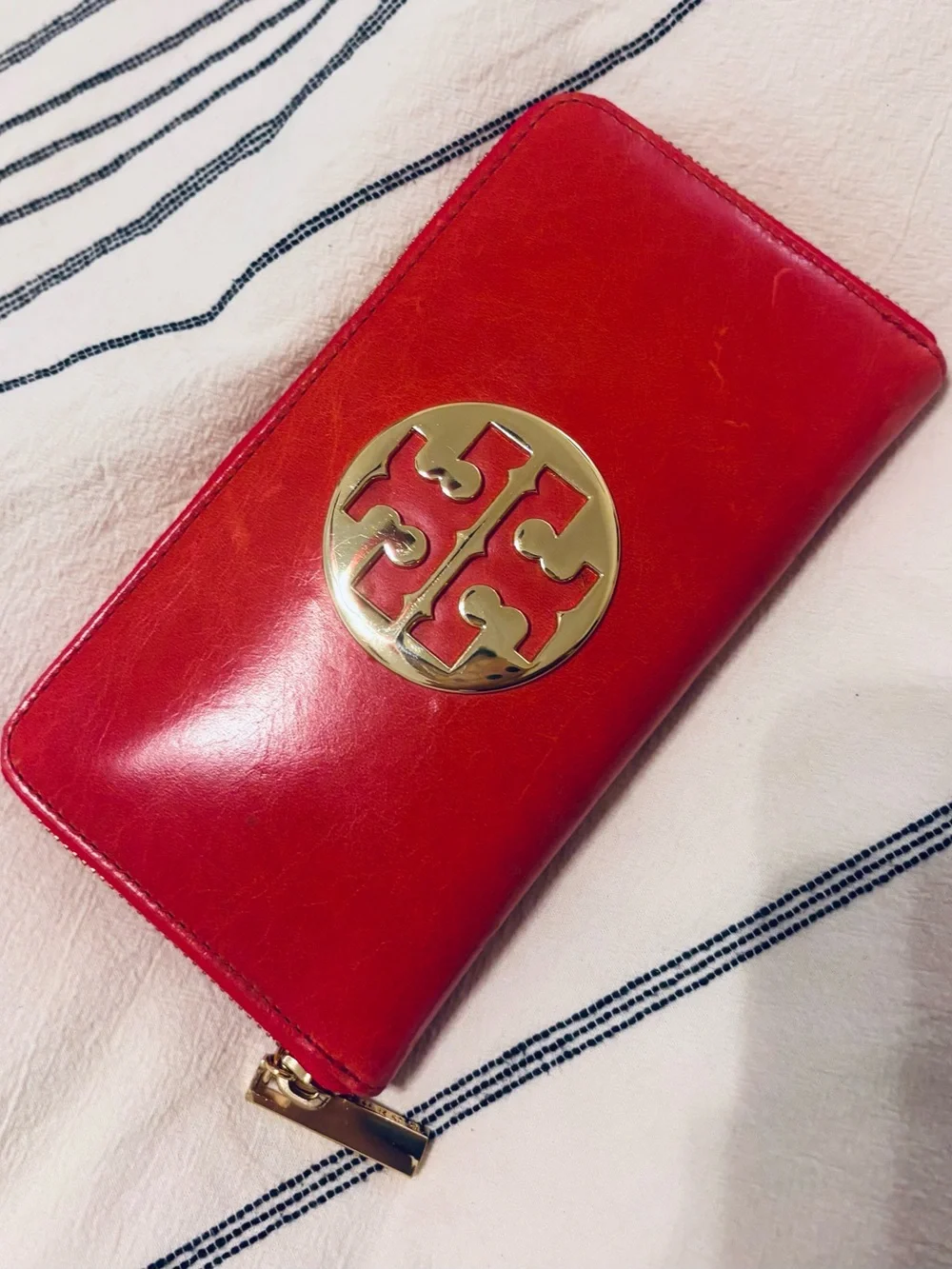Tory Burch Red Leather Zip Wallet with Gold Logo